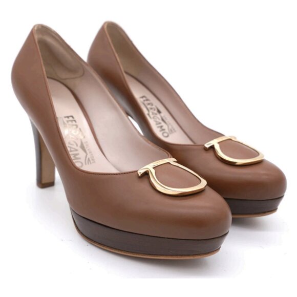 Salvatore Ferragamo Shoes - Salvatore Ferragamo Leather Gancini Block Platform Heels Pumps Brown Size 9.5